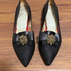 Sandro Vicari Slip On Flat Black Leather Shoe with Satin Bow & Crystal ornament.
